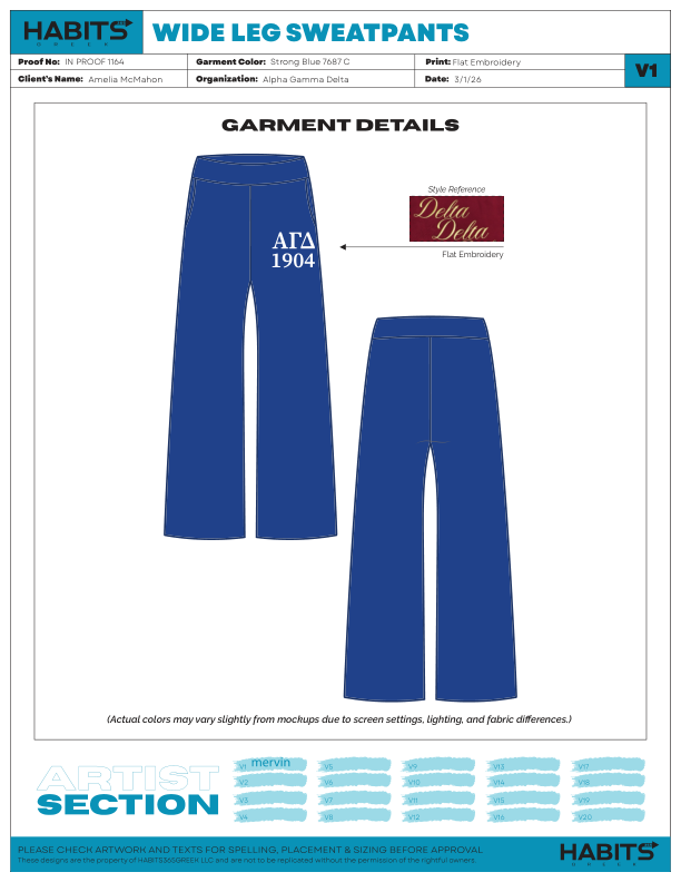 Exec merch · wide-leg sweatpants vendor design proof